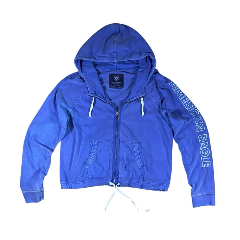 Y2K American Eagle Blue Stonewashed Zip Hoodie - XL